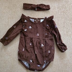 Floral Brown Corduroy Baby Outfit w Bow Headband